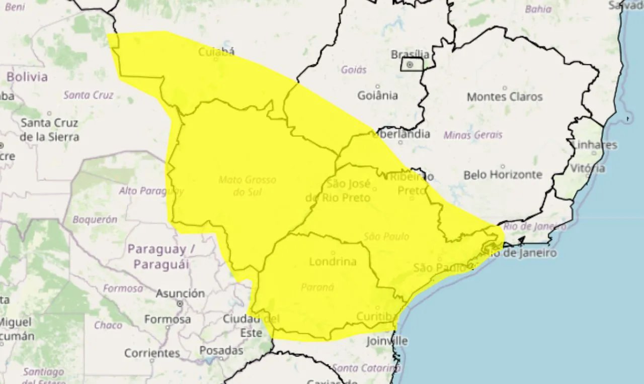 O mapa mostra as áreas em alerta para chuva intensa e ventos em grande parte do centro-sul do país